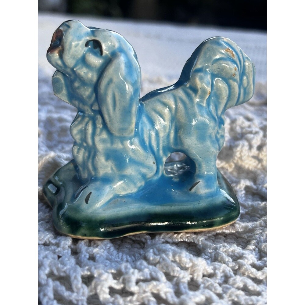 Vintage Blue Cocker Spaniel Dog Planter Mini Ceramic Pottery Figurine 1950s